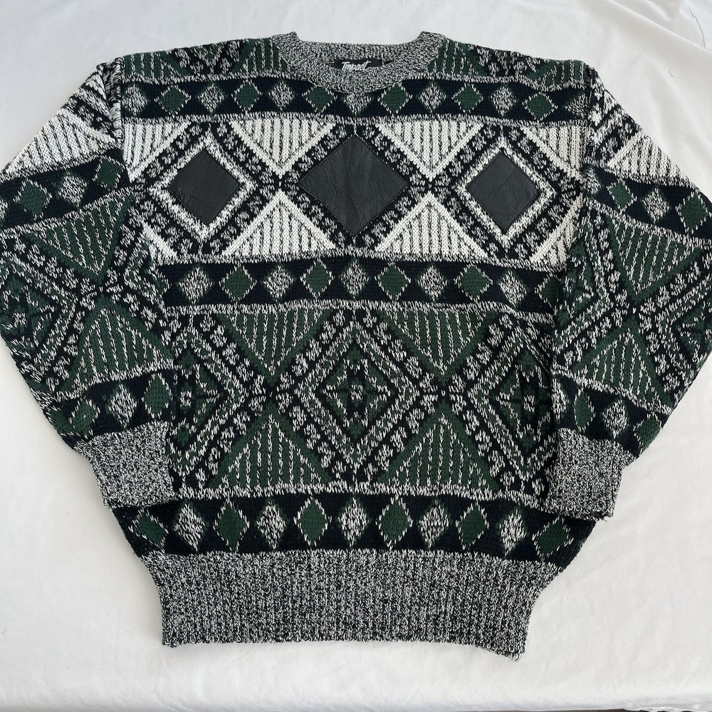 Vintage Impact Sweater Men's Medium Geometric Acrylic Leather Knit Aztec
